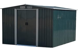 COZYBRITE Garden Storage Shed Metal 8 x 10 FT Outdoor Box with Base 4 Vents Lockable Sliding Doors Sloped Apex Roof for Patio Backyard Bike Tool All-Weather (Green)