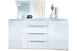 Vladon Credenza Linio V1 139 x 37,5 x 35 cm Tavolo TV a 2 ante e cassetti, struttura in bianco opaco, frontali in bianco lucido