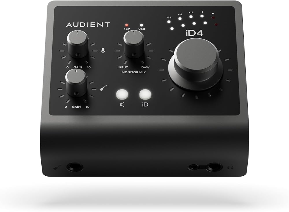 Audient Ses arabirimi iD4 MKII, Class A konsol mikrofon ön amplifikatör (yüksek hızlı USB-C, monitör karışımı ve monitör panning fonksiyonu, 2 kulaklık çıkışı, Mac/PC/iOS uyumlu), siyah, iD MKII