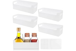 Griwuut 4 Pcs Plastic Storage Basket, White Storage Boxes, Narrow Plastic Storage Boxes Rectangle with Handle, Cupboard, and Bathroom Organizer on Shelves