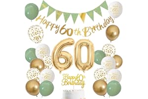 LOVECENTRAL 60 Jahre Geburtstag Dekoration für Männer und Frauen – Salbeigrün, Weiß und Gold Luftballons mit ‚Happy Birthday‘-Banner, Zahl 60 Ballon und Tortenaufleger für 60 Jahre Geburtstagsfeier-Deko (60)