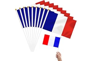 BURGEON Petit Drapeau de la France, 15pcs Mini Drapeau Français 21x14 cm,Drapeau de la France Décoration Jeux, avec Pôles Blancs de 30 cm