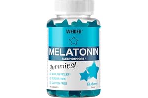 Weider Melatonin Gummies (60 Caramelle Gommose) Sapore di Mirtillo, con 1mg di Melatonina per dose, Aiuta para il Sonno e contro il Jet lag, Senza Glutine, Senza Zucchero
