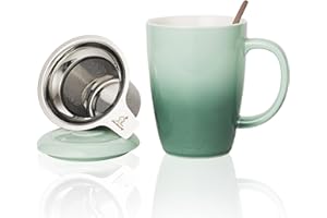 Candiicap Tazza da Tè in Ceramica con Infusore, Cucchiaio e Coperchio, 385ml, Tazza con Filtro da Tè Grande per Tè, Caffè, Latte-Adatto al Microonde e alla Lavastoviglie (385ml,Verde Avocado)