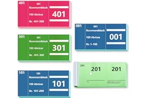 BEIMEIII 5 Büche Doppelnummern 1-500 Nummern Zahlen 3 Farben 5X10cm Nummernblock Nummernblöcke Tombola Garderobenmarken Lochstanzung Lose Tombola Nummerierte Abrisse Doppelnummernblock Blau Grün Rosa
