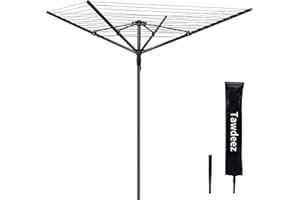 TAWDEEZ 4 Arm 45M Portable Folding Rotary Washing Line for Outdoor & Garden Heavy Duty Clothes Airer Dryer with Free Metal Ground Spike and Cover(Black)