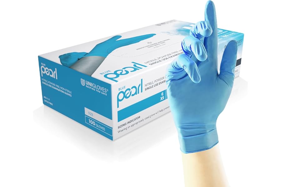 Unigloves Blue Pearl Nitrile Examination Gloves - Multipurpose, Powder Free and Latex Free Disposable Gloves - Box of 100 Gloves, Blue, Medium (GP0013)