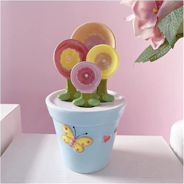 DOERDO Ceramic Measuring Spoons With Holder - Flower Pot Design, 4 Sizes (1/4 Tsp To 1 Tbsp), Kitchen Tools