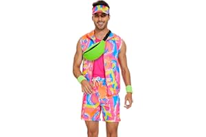 AJGEGJE Herren 80er Jahre Workout Kostüm, 80er Jahre Accessoires mit Bauchtasche, Sonnenblenden Hut, Handgelenkbänder, Movie Skating Kostüm Outfit für Halloween Cosplay