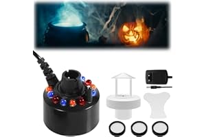 WIYETY Nébuliseur à ultrasons : 12 LED Machine à fumée à ultrasons avec protection anti-éclaboussures amovible, machine à fumée avec 3 disques acoustiques pour fontaine intérieure ou extérieure,