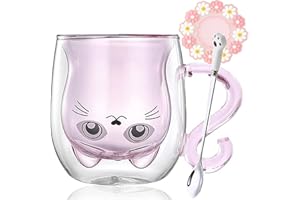 Arawat Gato Taza De Vidrio De Color Rosa De Doble Pared Gafas De Gato Con Mango De Color Rosa Taza De Café Con Cuchara y Posavasos Tazas De Café Gato Tazas De Té Taza De Regalo De Cumpleaños