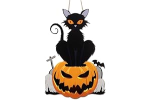 NymphFable Halloween Cat Wall Decor, Spooky Pumpkin Black Cat Front Door Decor for Window Door Indoor Outdoor Creepy Holiday Porch Decoration 15.8x10.6 in