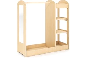 GYMAX Kids Dress up Storage, Wooden Children Wardrobe with Mirror, Clothes Rail and 4-Tier Shelves, Toddlers Closet for Girls Boys Bedroom (Natural)