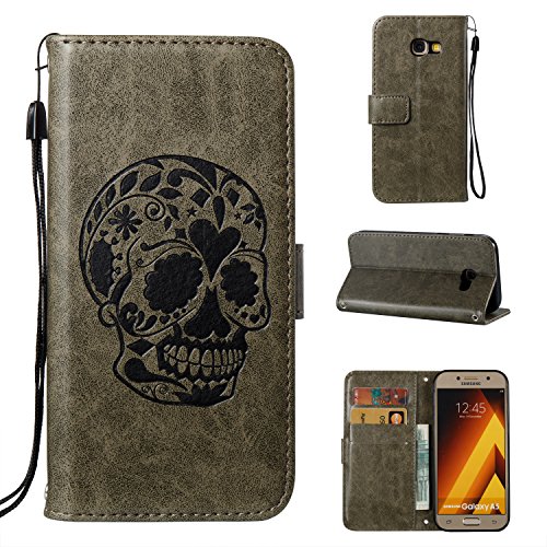 Samsung A520/Galaxy A5(2017) Case,Samsung A520/Galaxy A5(2017) Case Leather ,Samsung A520/Galaxy A5(2017) Case Wallet - Cozy Hut Cool Skull head Pattern Design PU Leather Notebook Design Flip Cover Folio Inlaid Inner Soft TPU Case with [Card Slot] [Built Stand] [Magnetic Closure][Wallet Function] Protective Skin Durable Case for Samsung A520/Galaxy A5(2017) Model - gray