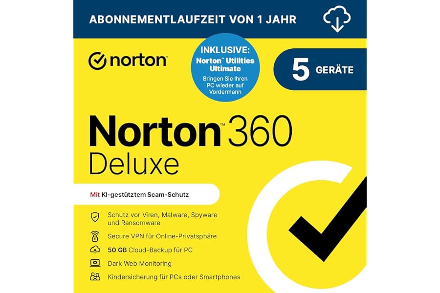 Norton 360 Deluxe inkl. Utilities Ultimate 2025 | 5 Geräte | 1 Jahr | Aktivierungscode per Email