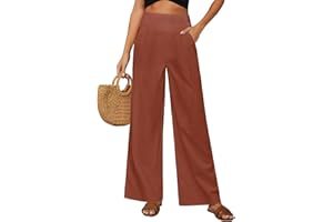 PASUDA Pantalones Mujer Verano Algodón Lino Pantalón Cintura Alta Elástico Casual Pantalones Suelto Cómodos Flojo Playa Pantalones de Anchos Mujer Largos