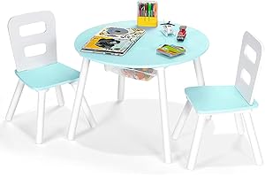 RELAX4LIFE Tavolino Bambini Rotondo con 2 Sedie, Set Montessori in Legno con Gambe in Pino Massello, Sicuro senza Spigoli Vivi, Borsa Storage e Schienale Ergonomico, per Età 3+ (verde)