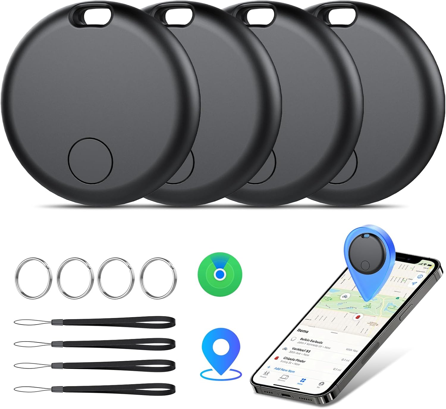 Tracker Tags Bluetooth Item Finder-4Pack，Compatible with Apple Find My APP (iOS Only) Replaceable Battery, IP67 Waterproof, Suitable for Luggage, Bags, Wallets, Backpacks, Keys Tracking Tag, Black