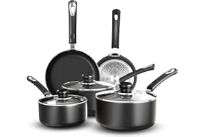 KICHLY Set di 5 pentole e padelle antiaderenti adatte per piano cottura a induzione con padelle da 20 cm, 28 cm e pentole con coperchio da 20 cm, 18 cm, colore: nero