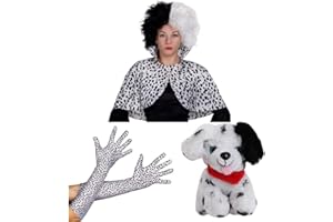 I LOVE FANCY DRESS Ladies Evil Dog Lady Accessory Set - Black & White Crimped Wig, Dalmatian Cape, Dalmatian Gloves, Plush Toy Dog - Adults World Book Day Fancy Dress Accessory Set