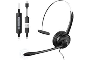 Voistek Casque Mono Filaire avec Micro Anti-Bruit, Léger on-Ear – USB-A/USB-C pour PC, Ordinateur Portable, Bureau, Centre d’Appels, Teams, Zoom