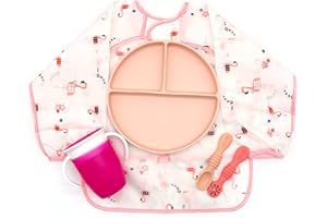 BABYUM® Kit DME Apprentissage Repas Bébé 5 pièces, Tasse 360° Anti Fuite, Assiette Ventouse Compartiment, Tablier Bavoir Manches Longues, 2 Cuillères Diversification Alimentaire Enfant (Flamant Rose)