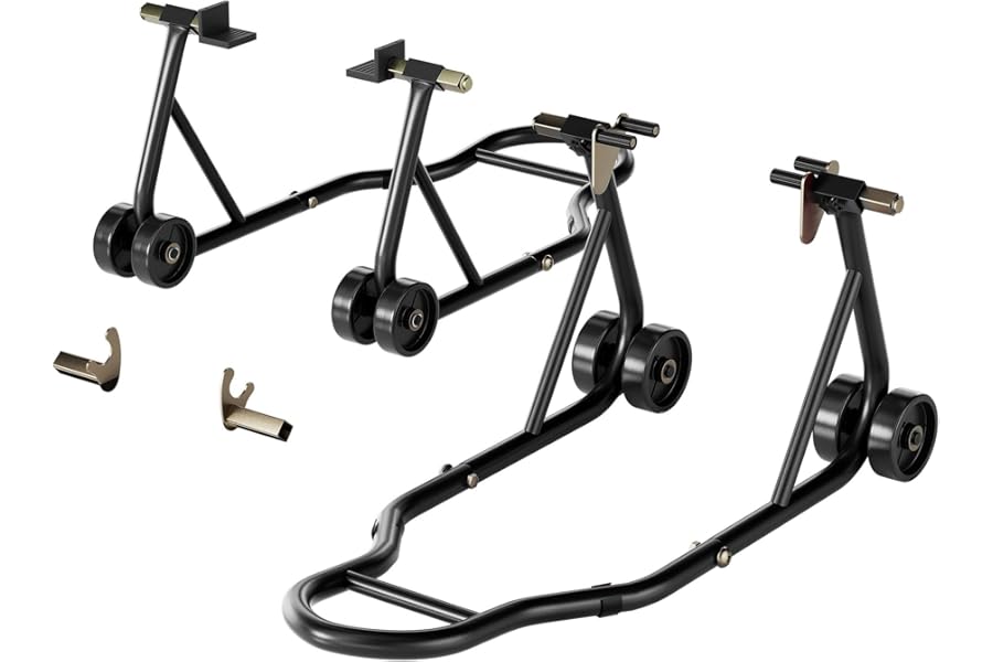 SPECSTAR Motorcycle Paddock Stand Combo 400kg Capacity Front and Rear Wheel Lift with U & L Fork Adjustable Swingarm Spool Stands for Motorbike Garage Repair Use Scissor Stand with 4 Wheels