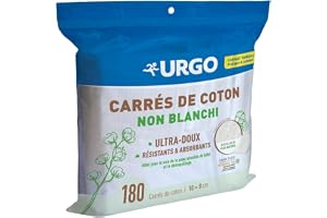 Urgo Carrés de Coton Bébé Ultra-Doux Absorbants OEKO-TEX® x180 | Coton non blanchi, doux pour peaux sensibles. Démaquillage, soin bébé et hygiène au quotidien.