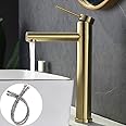 Friho Vessel Sink Faucet Gold, Modern Single Handle Tall Bathroom Faucet with Ceramic Disc Cartridge with Water Supply Line, 12'' Overall Height