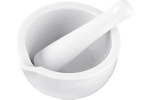 Fackelmann Pestle & Mortar 11cm, Porcelain, Stone Bowl & Grinder Set with Pouring Lip, Crush & Mash Herbs & Spices, 12x11.5x6.5cm, White