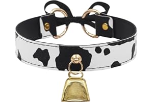 Heavelove Edgy Cow Bell Choker Collar Necklace for Women - Punk Gothic Adjustable PU Leather Cosplay Jewelry with Gold/Silver Charm, Halloween & Festival Accessories