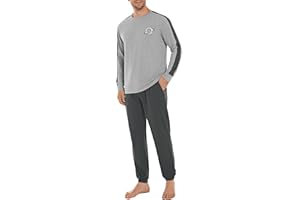 Crewhpo Pigiama Uomo Cotone Lungo Pigiama Invernale a Maniche Lunghe Pigiama Due Pezzi Leggero Pigiama da Notte Comodo Completino per Casa S-XXL