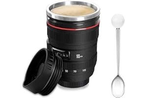 CEFRANK Taza de Café Divertida en Forma de Lente de Cámara de 350 ml con Tapa | Taza de Viaje Aislada para Bebidas Calientes y Frías | Regalo Ideal para Fotógrafos, Amigos y Familiares | Negro