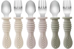 PandaEar Set med 6 småbarnsbestick, gaffel, sked i silikon och rostfritt stål för baby, barn, BPA-fri, valnöt, linne och