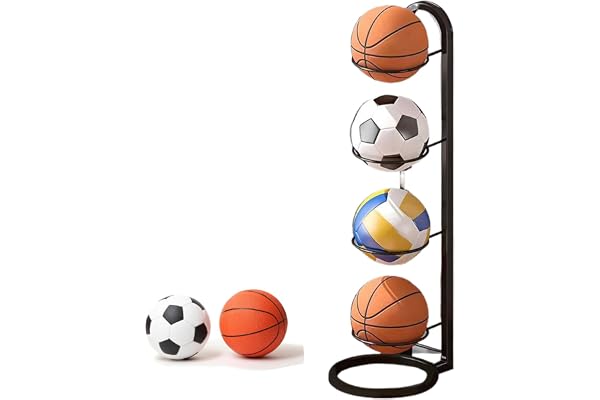 Fotbollsstativ i 4 nivåer, metallkulförvaringsställ, fotbollsstativ, display, vertikal sportarrangör fotbollshållare, fotbollsförvaring, bollar förvaring garage för basket inomhus, utomhus