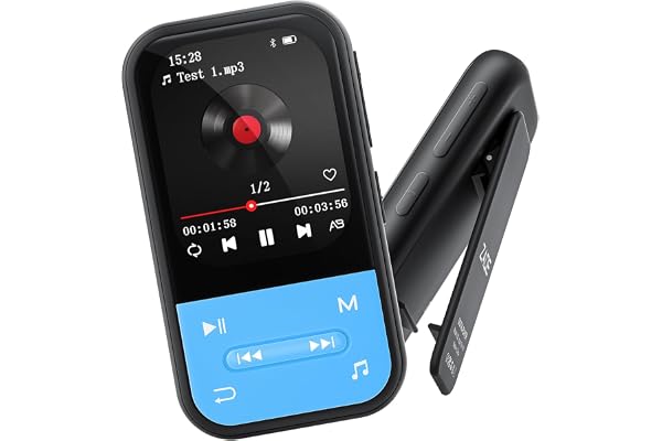 Lecteur MP3 128 Go - Lecteur MP3 Clip avec Bluetooth 5.3, Lecteur de Musique Portable avec Radio FM, enregistreur Vocal, podomètre, Design Mini idéal pour Le Sport, écouteurs Inclus(Bleu)
