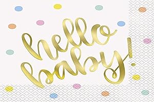 UNIQUE Hello Baby Gold Foil-Stamped Baby Shower Luncheon Napkins (16cm) - Perfect for Baby Showers, Celebrations & Events - 16ct