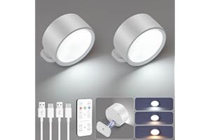 HOTUT 2 Piezas Lámpara de Pared Inalámbrica Recargable, Lámpara de Pared LED con Mando a Distancia y Temporizador, Luz de Pared de Interior, 3 Colores y Brillo Regulable 360 ° Giratorio - Blanco