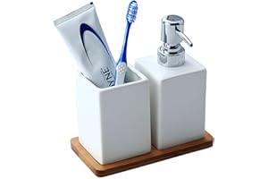 NUSCEN White Soap Dispenser Ceramic 3-in-1 Bathroom Set with Bamboo Tray | Toothbrush Holder & Organiser | Elegant Reusable Bottle for Shampoo & Body Wash