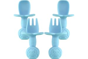 OBSGUMU Silikon Kinderbesteck 2er Set Blau,Baby Löffel und Gabeln - Selbstfütterndes Besteck,Trainingsutensilien, Babyentwöhnungsphase 1 (ab 6 Monaten) für das Selbsternährungstraining für Kinder