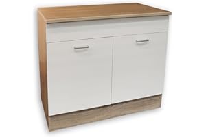 Stella Trading contemporáneo mueble bajo fregadero de cocina con acabado en roble Sonoma y blanco mate, Amplio mueble con mucho espacio de almacenamiento, 100 x 90 x 60 cm (ancho/alto/profundo)