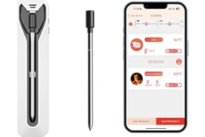 Puersit Termometro Bluetooth Ricaricabile, Termometri da Carne Wireless con App SOULBIBIQ 150m a Sconda, Funzione Timer Impermeabile IPX7, Termometro Barbecue senza Fili Adatto per iOS, Android