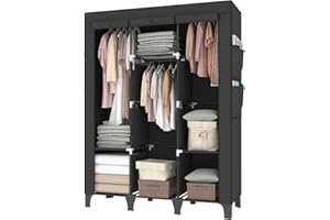 OPPAIYA Canvas Wardrobe, Fabric wardrobe With 3 Hanging Rails, 6 Shelves and 8 Side Bags, 165 * 45 * 125cm Temporary wardrobe, Large Portable wardrobes for bedroom Cheap、Living Room - Black
