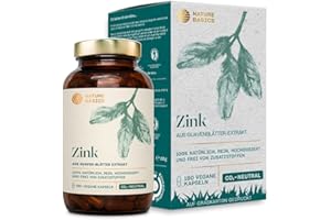 ‎NATURE BASICS Natürliches Zink - 180 Kapseln hochdosiert / 10 mg natürliches Zink/Hochwertig gewonnen aus Guaven-Blätter Extrakt/Vegan, Zertifiziert & Nachhaltig im Glas