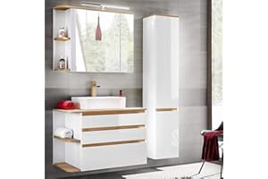 Lomadox Badmöbel Set Hochglanz weiß mit Eiche, Waschtisch-Unterschrank mit Keramik-Waschbecken, LED-Spiegelschrank & Hochschrank