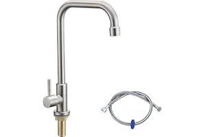 LEADAHEAD Cold Water Only Faucet 1 Hole 7-Shape Kitchen Sink Taps with 360 Degree Swivel Spout Lead-Free Single Handle SUS304 Stainless Steel Deck Mount Sink Bar Tap with One 80CM Long Hose | Brushed Nickel
