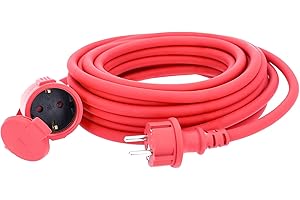 as - Schwabe Gummi-Verlängerungsleitung – 25 m Kabel mit Schutzkontaktwickelstecker, Schutzkontaktkupplung inkl. Schutzkappe ­– 230 V / 16 A Verlängerungskabel – IP44 – Made in Germany – Rot I 60373
