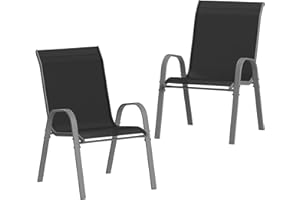 Amopatio 2er Set Gartenstühle Stapelbar, Hochlehner Stapelstühle aus Textilene und Metallgestell, Terrassenstühle Balkonstuhl mit Armlehnen Wetterfest, 62 x 67 x 96 cm, Schwarz