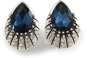 AVALAYA Midnight Blue/Clear Crystal Teardrop Clip On Earrings In Silver Tone - 23mm Tall