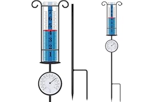 JMBay Rain Gauge Outdoor with Thermometer, Rain Gauges Outdoors Best Rated, Large Font Rain Measure Gauge for Yard, Rain Water Meter with Thickened Plastic Tube and Duralbe Metal Stake for Patio,Lawn